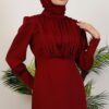 Pleated Satin Dress in Burgundy - Image 5