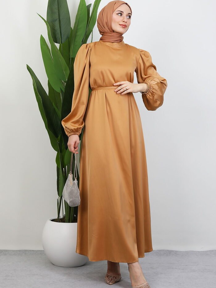 Thin Belted Satin Dress Gold
