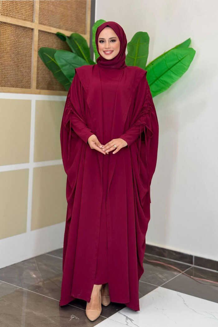 Somali Hijab Fashion|Hooded SilkTwo-Piece Set 70013 - 2 , Claret Red
