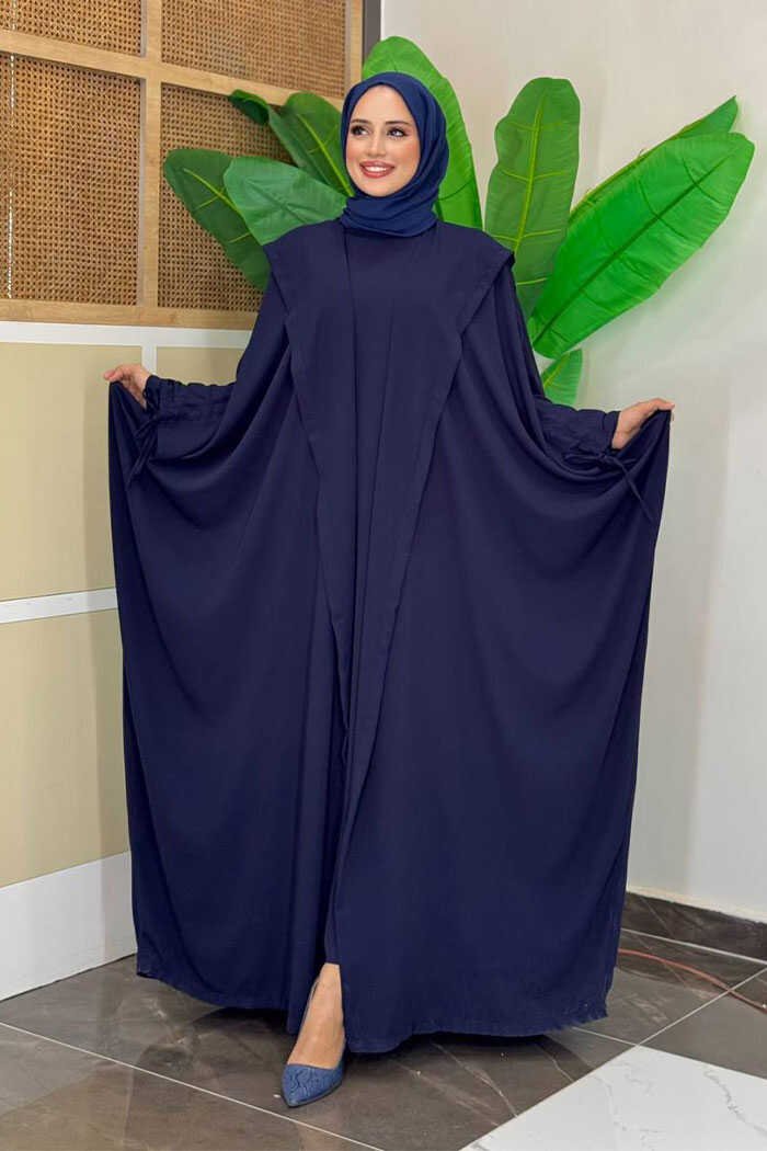 Somali Hijab Fashion|Hooded SilkTwo-Piece Set 70013 - 1 , Navy blue