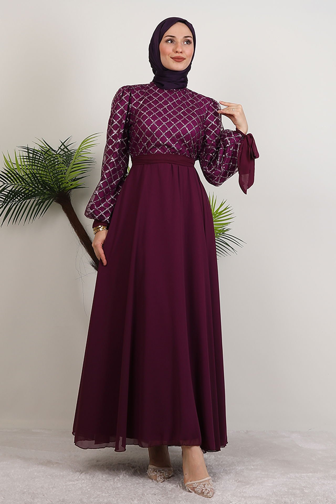 Leyal Tulle Detail Dress Navy Blue - 44 , Purple
