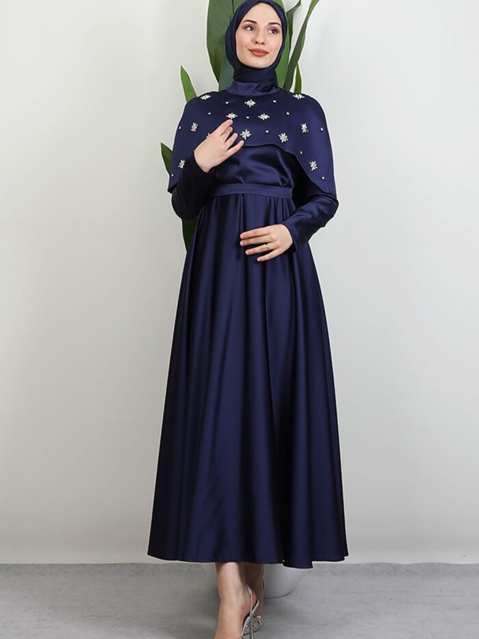 Navy Blue Dress with Stoned Cape