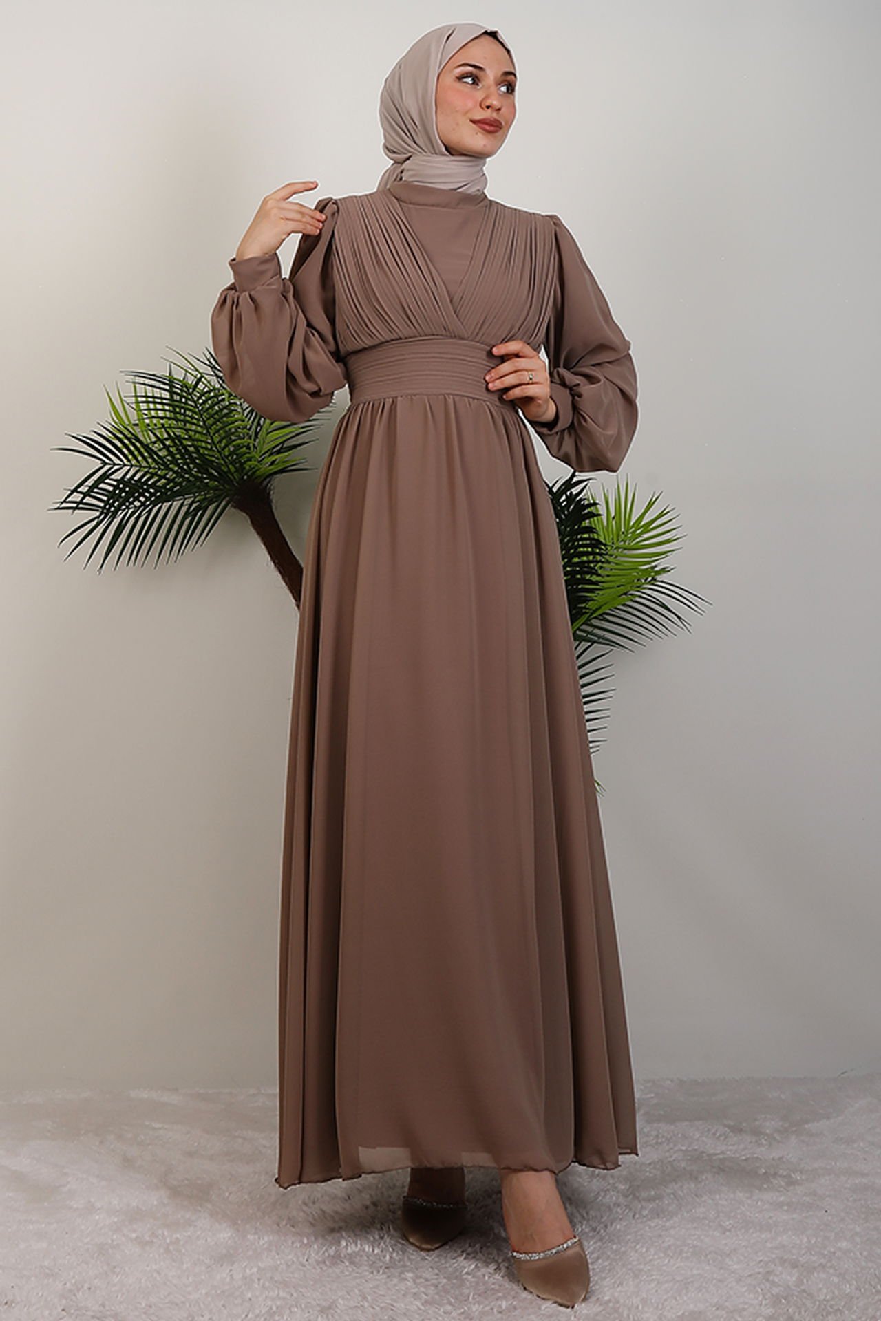 Elegant Pleated Chiffon Dress Mink 1 Elegant Pleated Chiffon Dress Mink