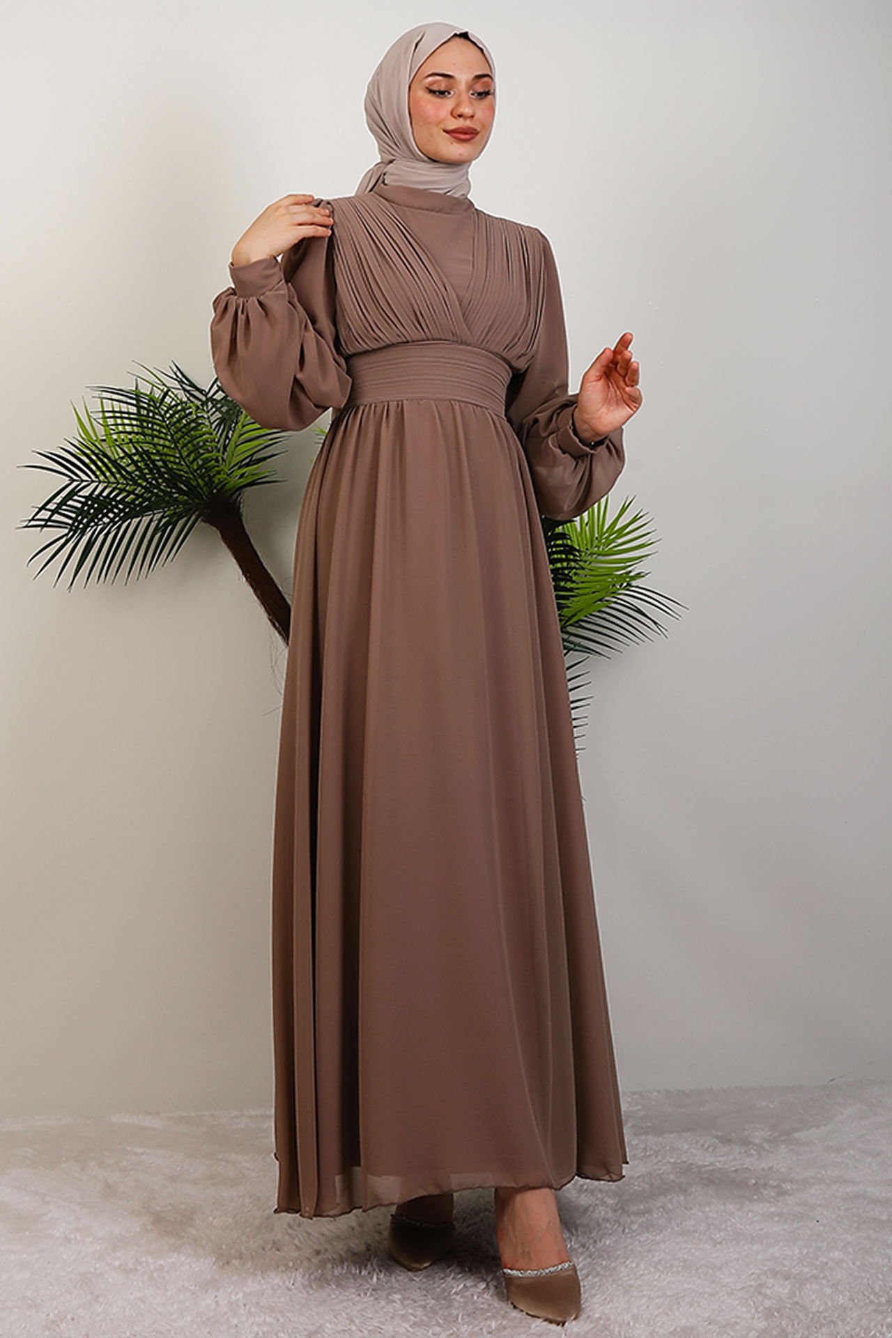 Elegant Pleated Chiffon Dress Mink 2 Elegant Pleated Chiffon Dress Mink - Image 2