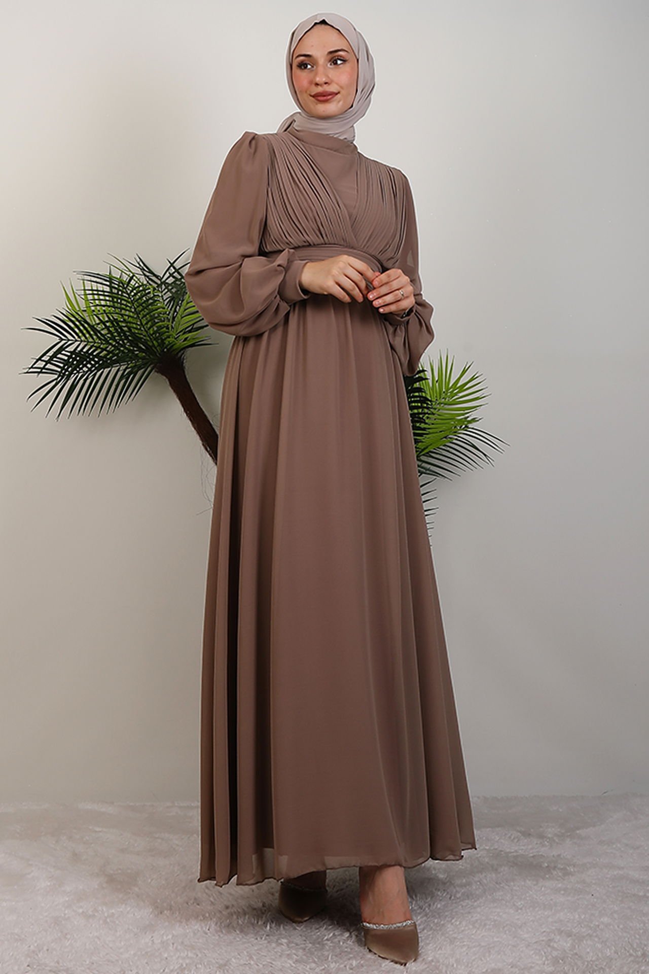Elegant Pleated Chiffon Dress Mink 3 Elegant Pleated Chiffon Dress Mink - Image 3