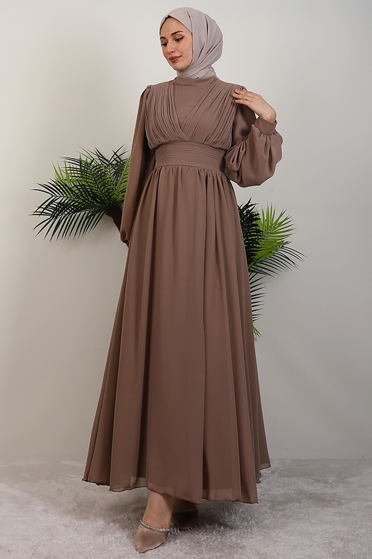 Elegant Pleated Chiffon Dress Mink 4 Elegant Pleated Chiffon Dress Mink - Image 4