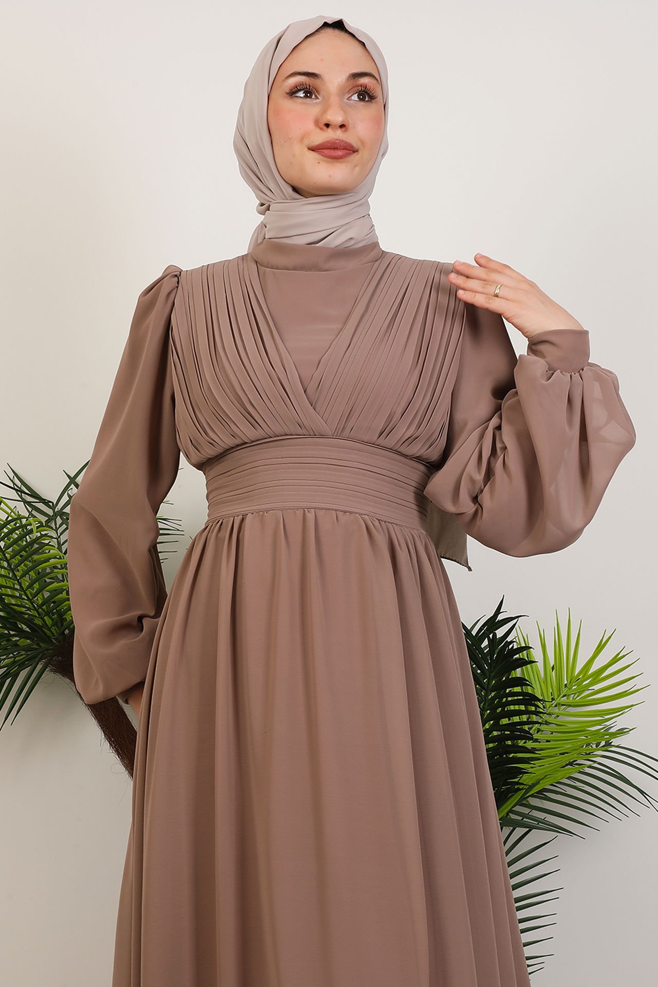 Elegant Pleated Chiffon Dress Mink 5 Elegant Pleated Chiffon Dress Mink - Image 5