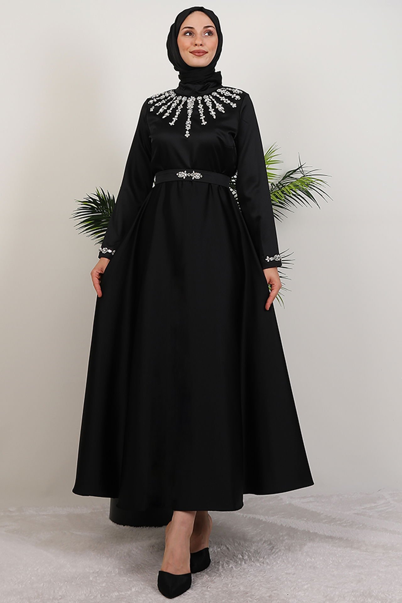 Stone Embroidery Detail Dress Black