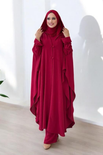 Dress Black Plus Size|Three-Piece Abaya|Tunic & Trousers Set|8663 - 3 , Claret Red