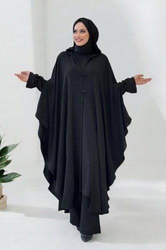 Dress Black Plus Size|Three-Piece Abaya|Tunic & Trousers Set|8663