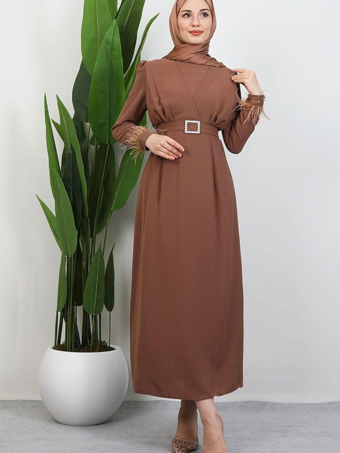 Feather Detailed Hijab Dress Rose Brown