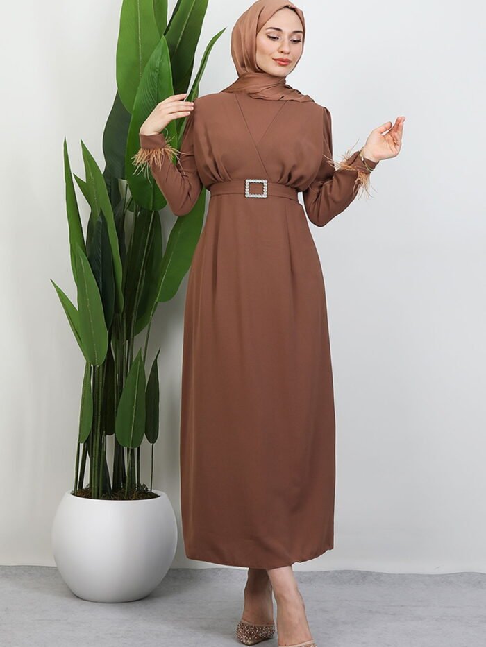 Alternative view of Feather Detailed Hijab Dress Rose Brown