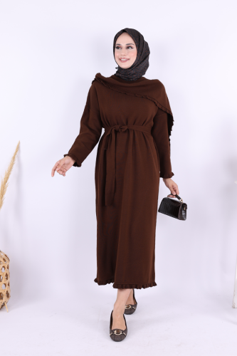 Epaulette Ruffle Knit Dress on the Shoulder 17030 Brown