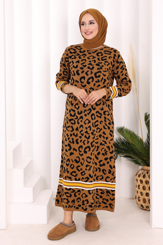 Stripe Detailed Leopard Patterned Knit Dress 18200 Tan-Black