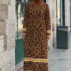 Stripe Detailed Leopard Patterned Knit Dress 18200 Tan-Black - Image 3