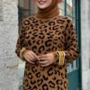 Stripe Detailed Leopard Patterned Knit Dress 18200 Tan-Black - Image 9