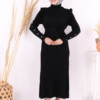 Metal Stud Detail on Sleeves, Ruffled Shoulders, Half Neck, Self-Stripe Look Knitwear Dress 22204 Tan - Image 10