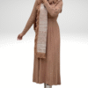 Metal Stud Detail on Sleeves, Ruffled Shoulders, Half Neck, Self-Stripe Look Knitwear Dress 22204 Tan - Image 5