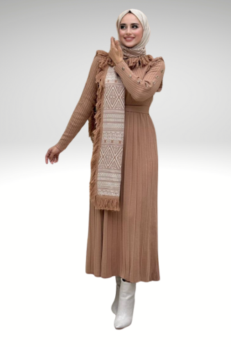 Metal Stud Detail on Sleeves, Ruffled Shoulders, Half Neck, Self-Stripe Look Knitwear Dress 22204 Tan