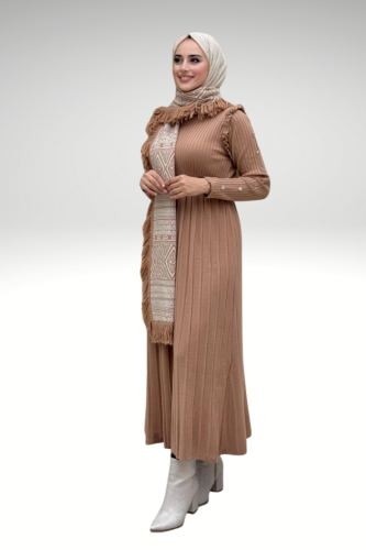 Alternative view of Metal Stud Detail on Sleeves, Ruffled Shoulders, Half Neck, Self-Stripe Look Knitwear Dress 22204 Tan
