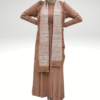 Metal Stud Detail on Sleeves, Ruffled Shoulders, Half Neck, Self-Stripe Look Knitwear Dress 22204 Tan - Image 7