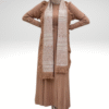 Metal Stud Detail on Sleeves, Ruffled Shoulders, Half Neck, Self-Stripe Look Knitwear Dress 22204 Tan - Image 3