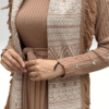 Metal Stud Detail on Sleeves, Ruffled Shoulders, Half Neck, Self-Stripe Look Knitwear Dress 22204 Tan - Image 8