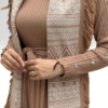 Metal Stud Detail on Sleeves, Ruffled Shoulders, Half Neck, Self-Stripe Look Knitwear Dress 22204 Tan - Image 4