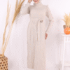 Metal Stud Detail on Sleeves, Ruffled Shoulders, Half Neck, Self-Stripe Look Knitwear Dress 22204 Tan - Image 11