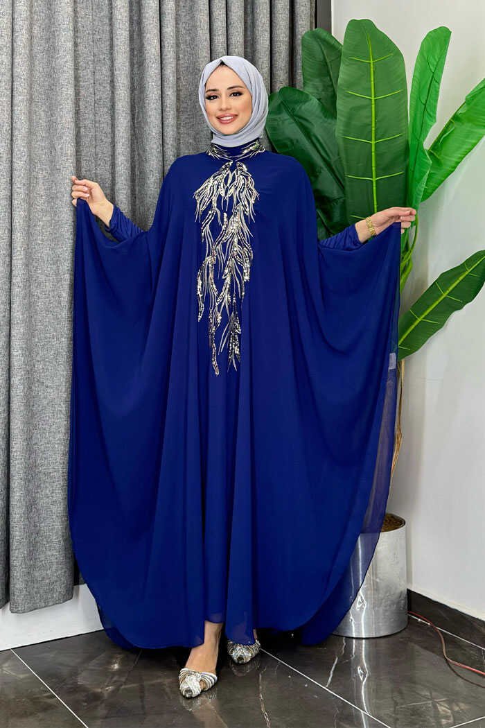 Sequin Embroidered Chiffon Cape Dress Evening Suit 3774 Purple - 2 , Blue