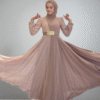 Luxury Evening Dress Gold|Two-Tone Chiffon Gown with Embroidered Belt|3806 - Image 13