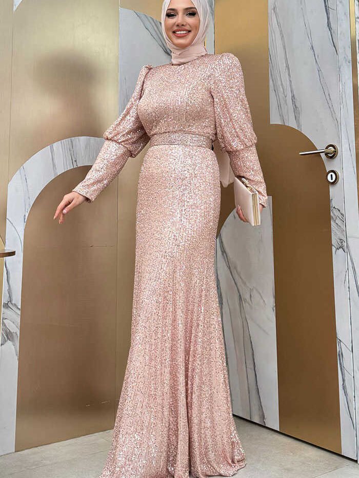 Alternative view of Sequin Fishtail Evening Dress with Belt Accessory 3858 Stone