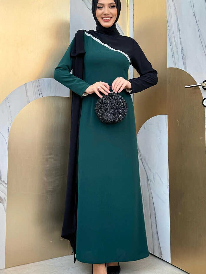 One Shoulder Bow Epaulette Two-Tone Dress 3862 Emerald