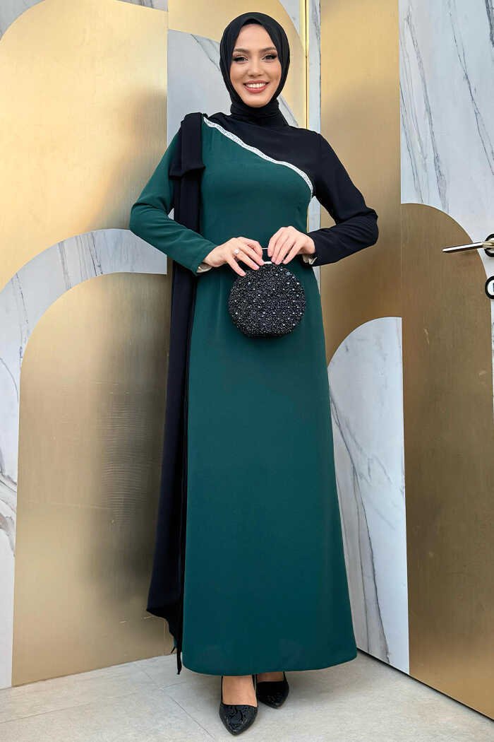 One Shoulder Bow Epaulette Two-Tone Dress 3862 Emerald 1 One Shoulder Bow Epaulette Two-Tone Dress 3862 Emerald