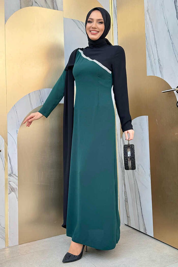 One Shoulder Bow Epaulette Two-Tone Dress 3862 Emerald 2 One Shoulder Bow Epaulette Two-Tone Dress 3862 Emerald - Image 2