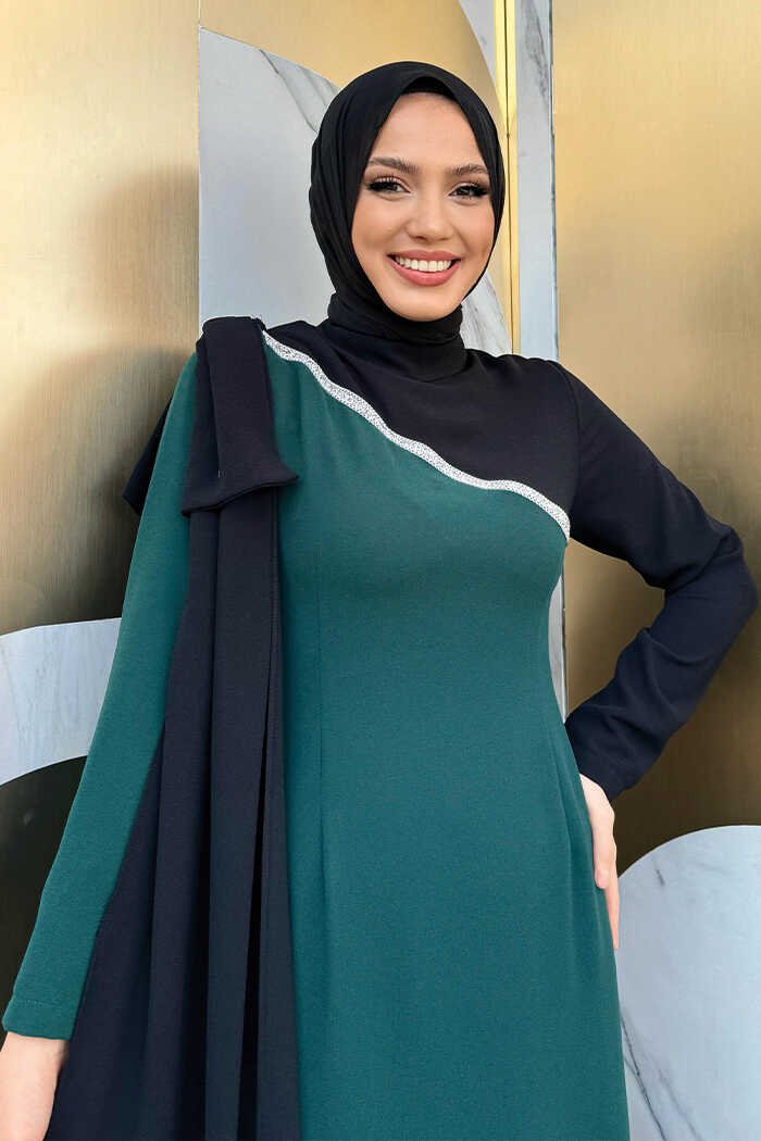 One Shoulder Bow Epaulette Two-Tone Dress 3862 Emerald 3 One Shoulder Bow Epaulette Two-Tone Dress 3862 Emerald - Image 3