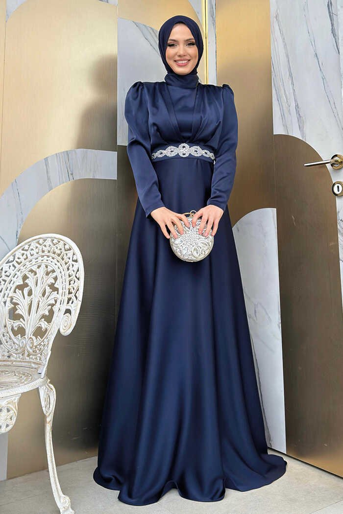 Satin Evening Dress with Stone Belt Accessories 3863 Stone 5 Satin Evening Dress with Stone Belt Accessories 3863 Stone - Image 5