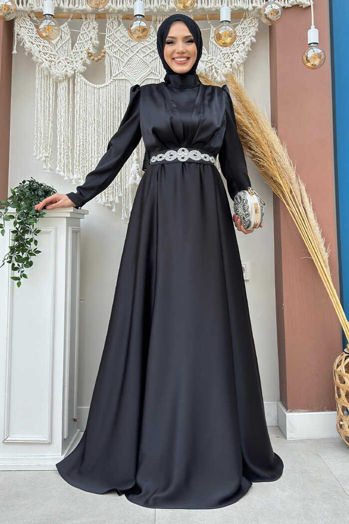 Satin Evening Dress with Stone Belt Accessories 3863 Stone 7 Satin Evening Dress with Stone Belt Accessories 3863 Stone - Image 7