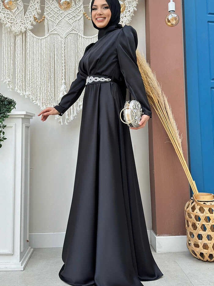 Alternative view of Stunning Evening Dress in Black Satin with Stoned Belt| 3863