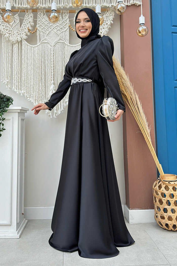 Stunning Evening Dress in Black Satin with Stoned Belt| 3863 2 Stunning Evening Dress in Black Satin with Stoned Belt| 3863 - Image 2