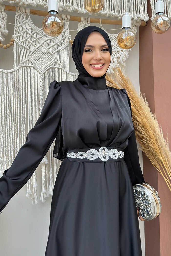 Stunning Evening Dress in Black Satin with Stoned Belt| 3863 3 Stunning Evening Dress in Black Satin with Stoned Belt| 3863 - Image 3