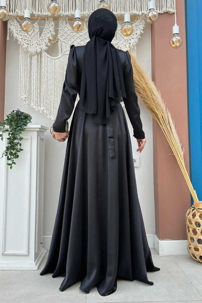 Stunning Evening Dress in Black Satin with Stoned Belt| 3863 4 Stunning Evening Dress in Black Satin with Stoned Belt| 3863 - Image 4