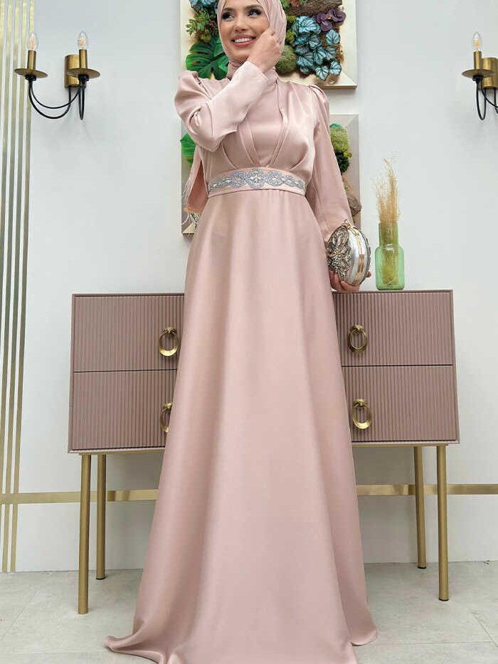 Satin Evening Dress with Stone Belt Accessories 3863 Stone