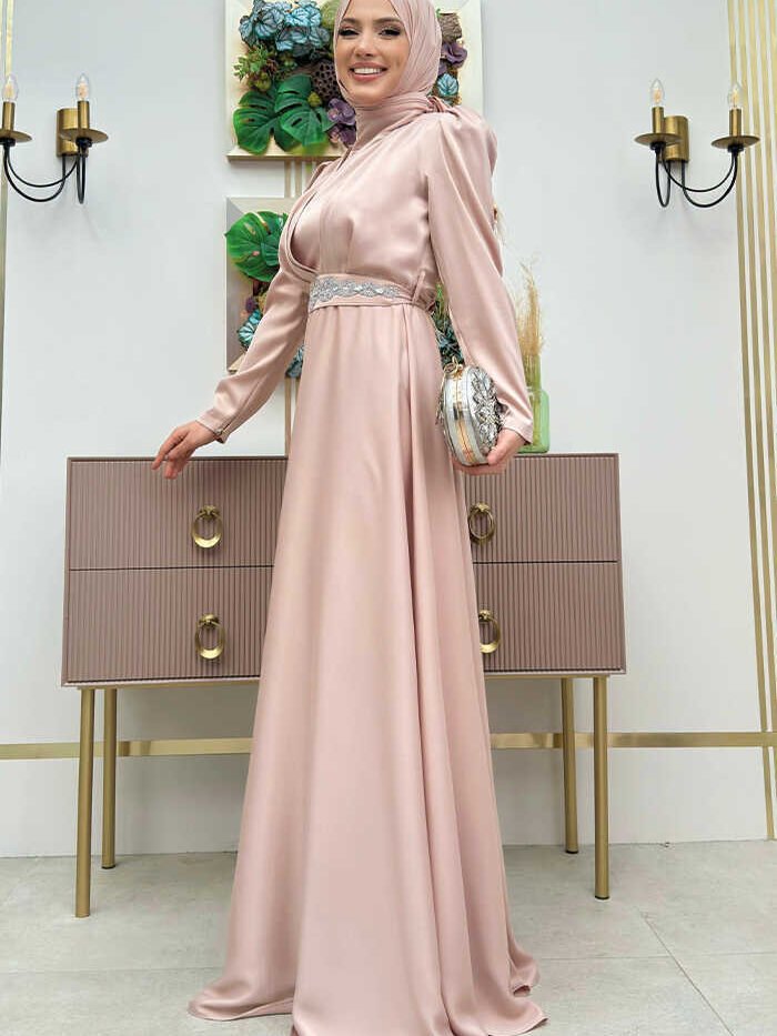 Alternative view of Satin Evening Dress with Stone Belt Accessories 3863 Stone