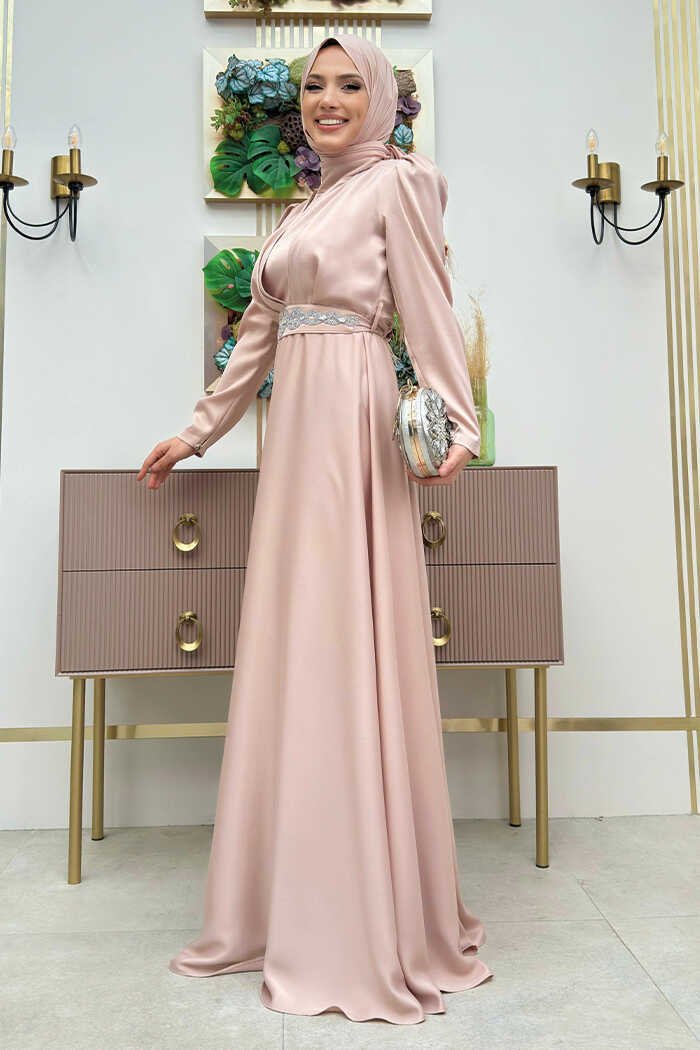 Satin Evening Dress with Stone Belt Accessories 3863 Stone 2 Satin Evening Dress with Stone Belt Accessories 3863 Stone - Image 2