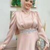 Satin Evening Dress with Stone Belt Accessories 3863 Stone 12 Satin Evening Dress with Stone Belt Accessories 3863 Stone - Image 3