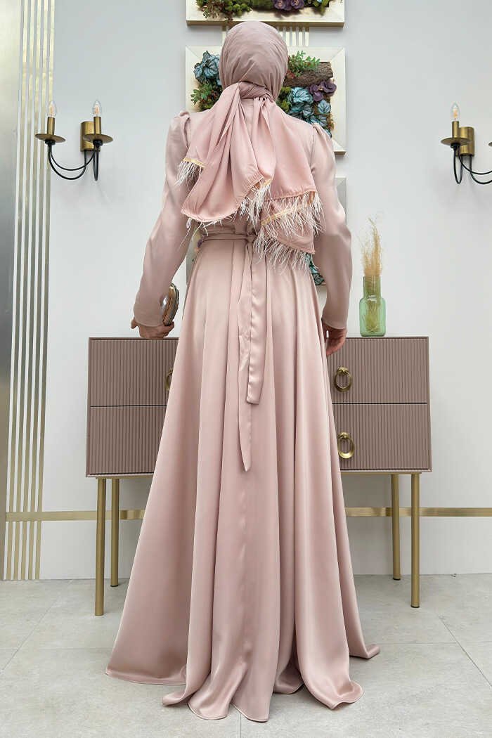 Satin Evening Dress with Stone Belt Accessories 3863 Stone 4 Satin Evening Dress with Stone Belt Accessories 3863 Stone - Image 4
