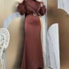 Satin Evening Dress with Feathered Tail and Belt Accessory 3869 Black - Image 5
