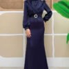 Satin Evening Dress with Feathered Tail and Belt Accessory 3869 Black - Image 6