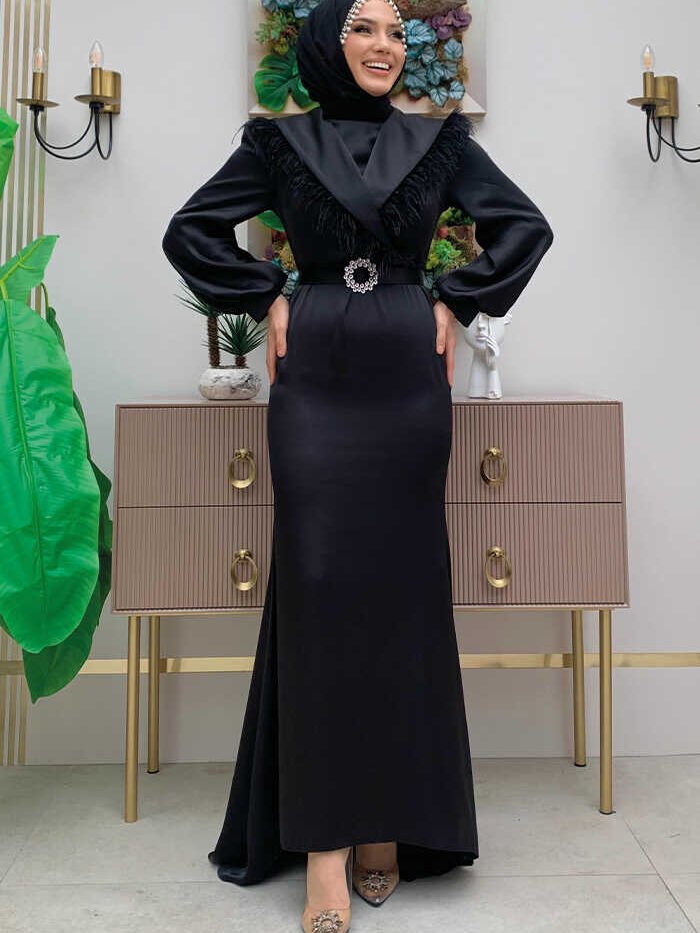 Satin Evening Dress with Feathered Tail and Belt Accessory 3869 Black